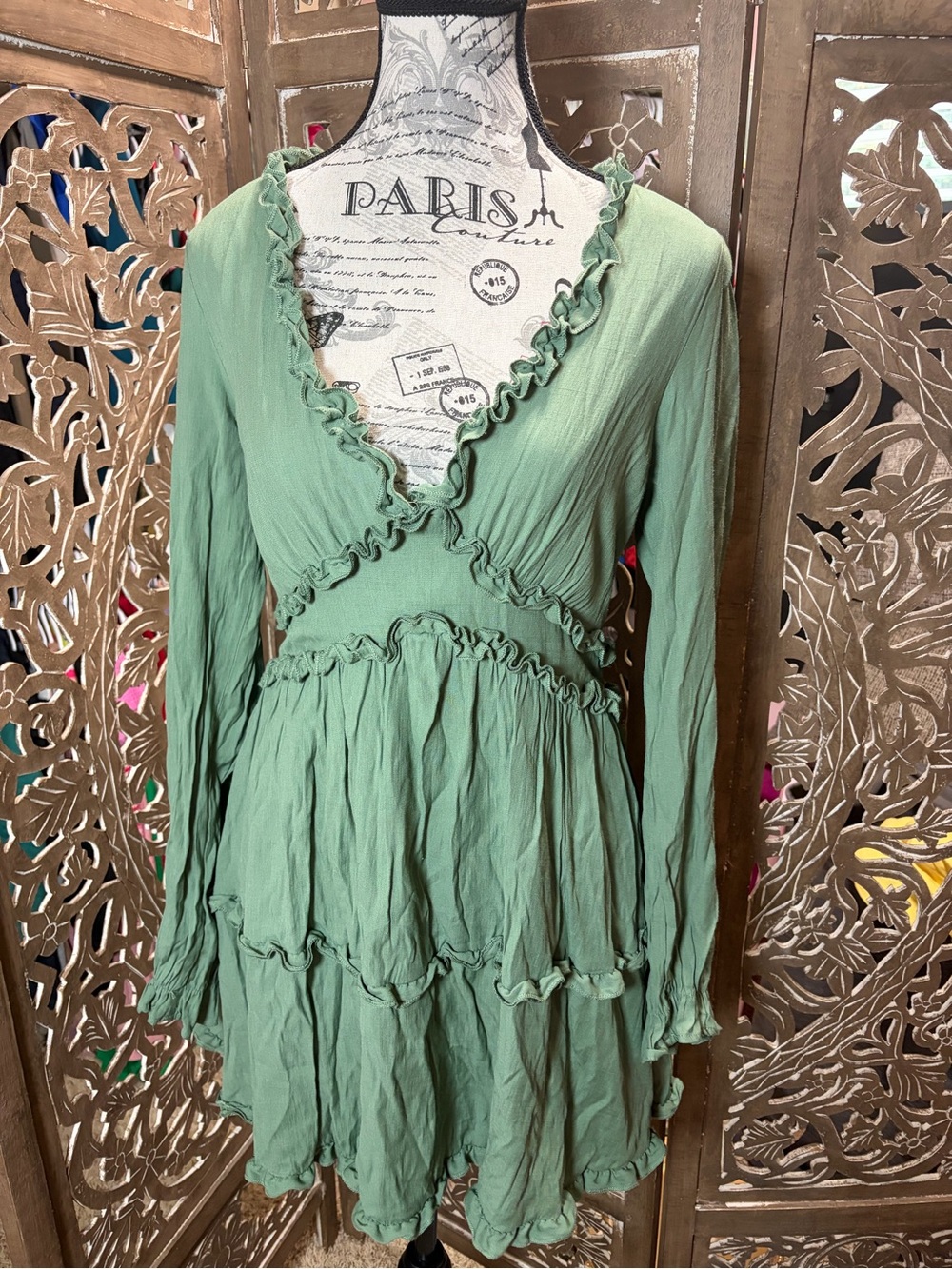 mi Ami Sage Green Ruffle Tiered Long Sleeve Mini Dress - Picture 2 of 4